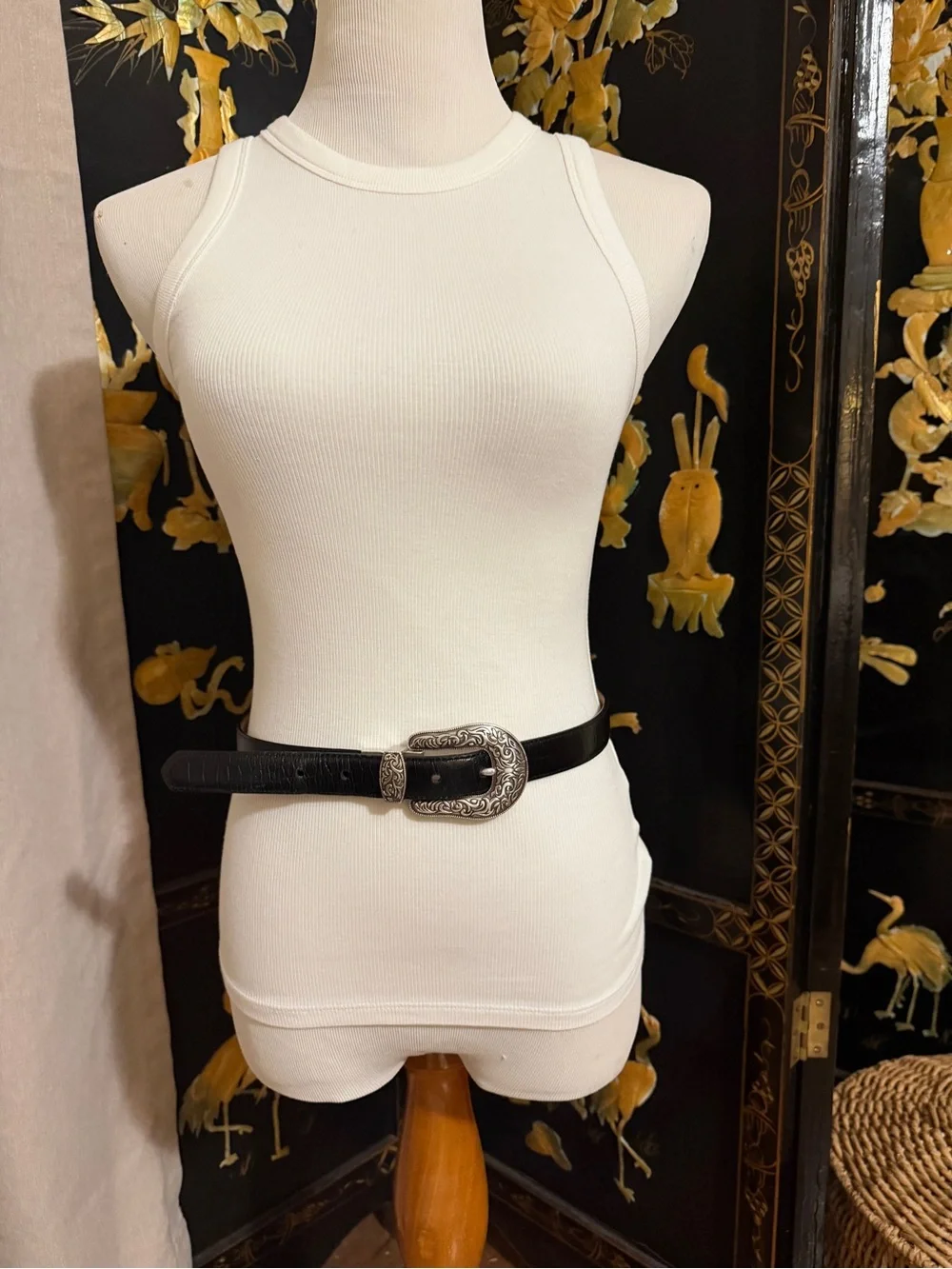 Vintage Black Western Reversible Leather Belt with Ornate Silver Buckle